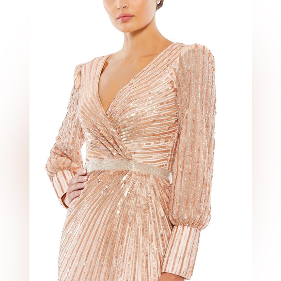 NWT $598 MAC DUGGAL SEQUINED WRAP OVER BISHOP SLEEVE GOWN DRESS COPPER 5501 - Picture 4 of 6